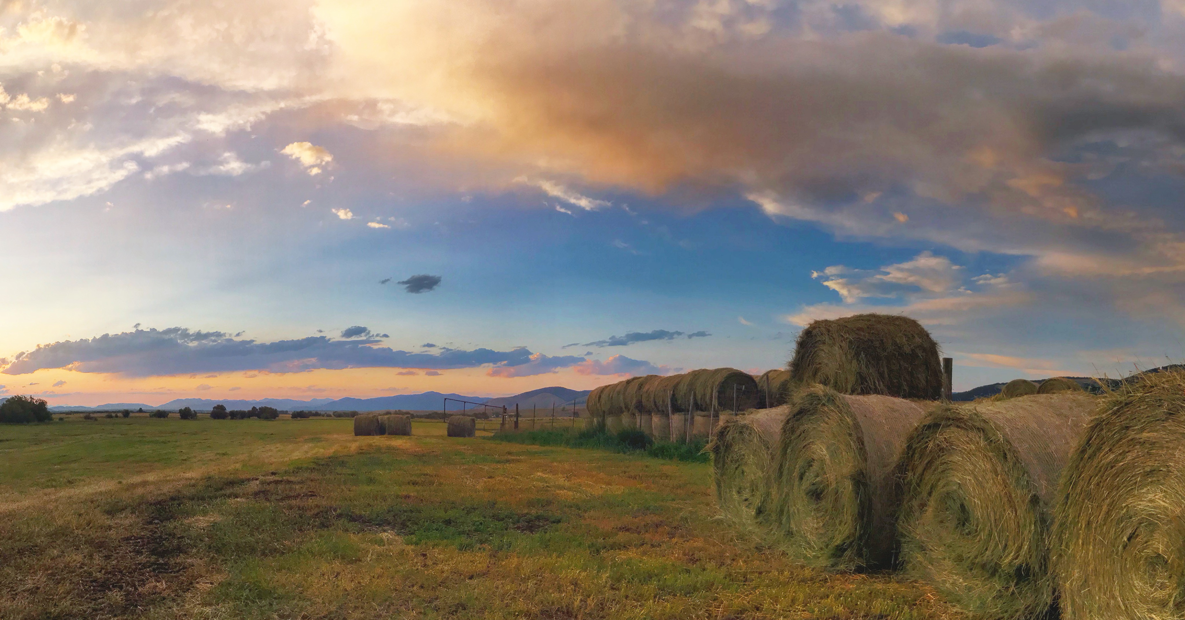 Montana ranch landscape with haybales